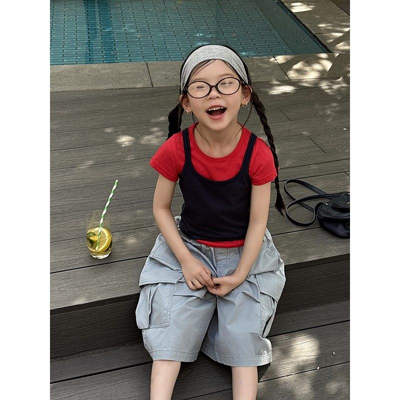 新款女童韩版设计感叠穿撞色可拆分短袖T恤儿童宽松休闲吊带背心,童装/婴儿装/亲子装,T恤,淘宝优惠券,粉丝福利购,淘宝优惠卷