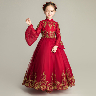 儿童礼服公主裙女童晚宴礼裙小主持人中国风长裙长袖婚纱模特走秀
