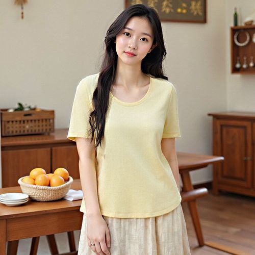 大码女装2025年新款宽松正肩基础U领T恤200斤胖妹妹MM浅黄色上衣