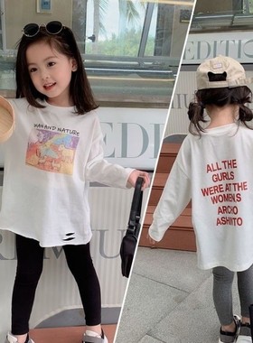 纯棉春秋季女童中长款T恤2022年新款儿童装白色洋气女孩百搭宽松