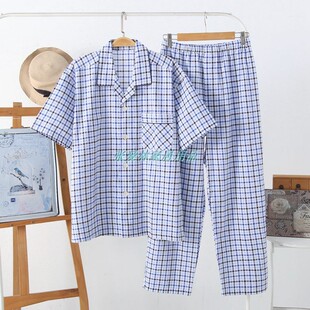 男士 吸汗透气舒适纯棉睡衣套 长裤 居家服泡泡纱j全棉春夏短袖