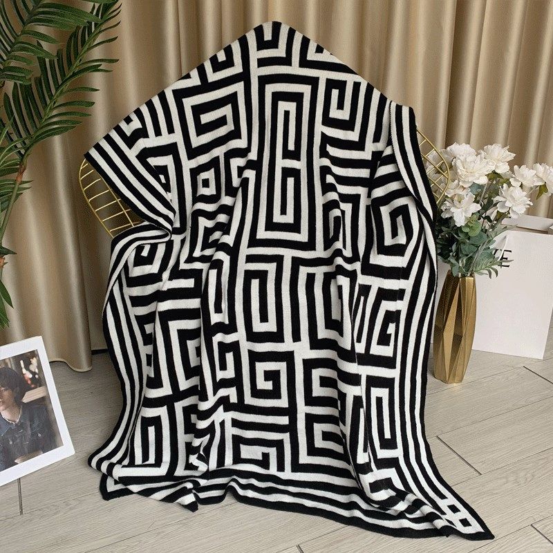 办公室毛线针织毯子o沙发盖毯床尾巾搭毯样板房搭巾蓝色黑色回形