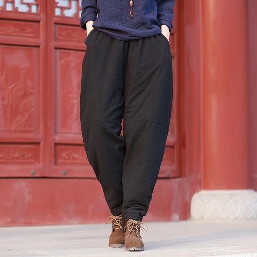 2021冬季新款复古宽松长裤纯色松紧腰加厚休闲打坐灯笼裤男女棉裤