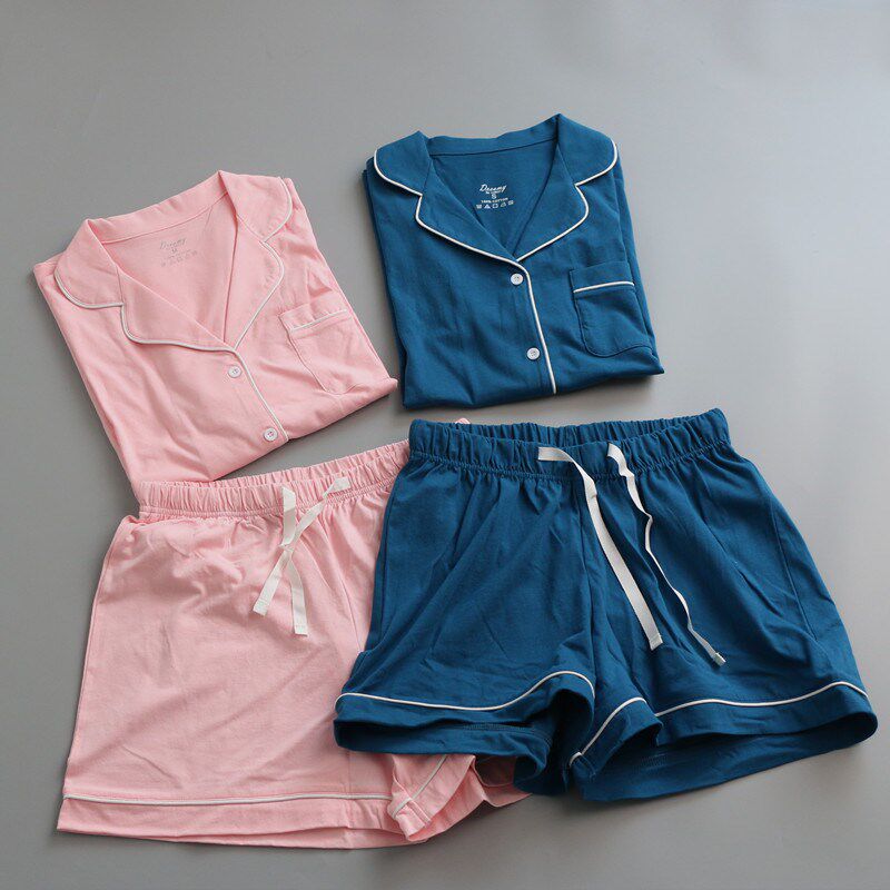 男女夏季纯棉针织简约短袖短裤家居服套装纯色日系系扣款情侣