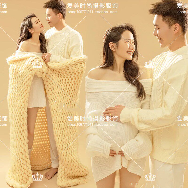 韩版新款孕妇f拍照服装居家情侣影楼摄影服饰白色针织毛衣粗线毯