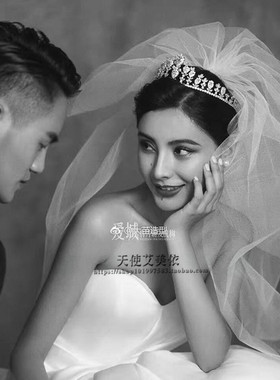 韩式简约白色素纱短款婚照旅拍新娘婚纱头纱双层硬材质婚礼造型密