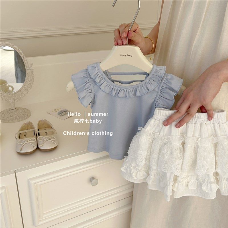 【咸柠七】女童吊带背心夏季儿童甜美荷叶领无袖T恤女宝洋气短袖,童装/婴儿装/亲子装,套装,淘宝优惠券,粉丝福利购,淘宝优惠卷