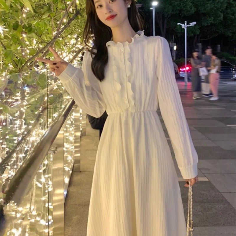 法式茶歇蕾丝连衣裙女秋装2023年新款木耳边立领长裙甜美减龄裙子