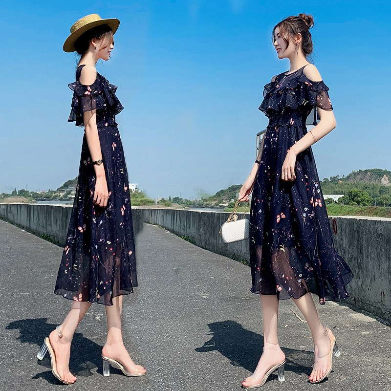 梦涵惜碎花雪纺连衣裙女2新款夏流行露肩修身显瘦气质大码收腰长