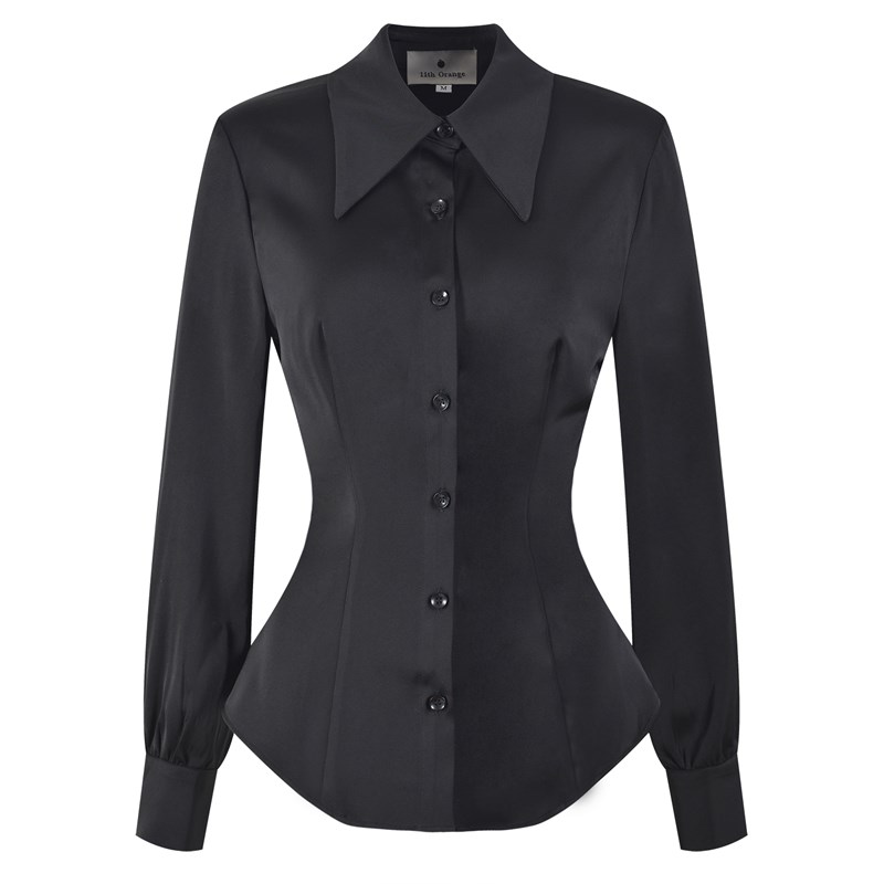 抗皱正装c衬衫黑色白色上衣醋酸缎面御姐范收腰修身法式职业装衬