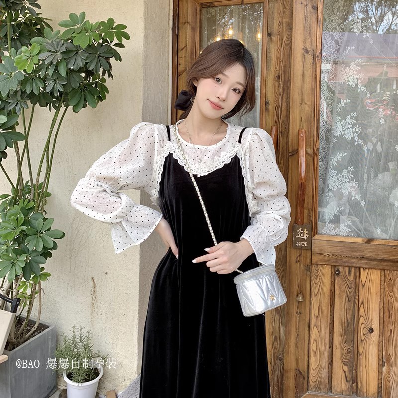 法式孕妇装2023年秋装新款复古C波点上衣+丝绒蕾丝吊带连衣裙套装