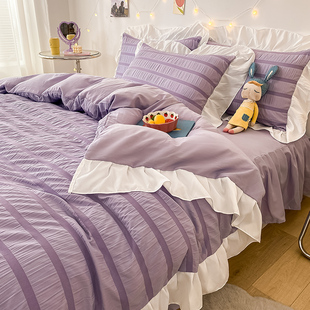 四件套夏季 天床单被套床上床裙床笠春秋裸睡水洗T棉春秋网红粉蓝