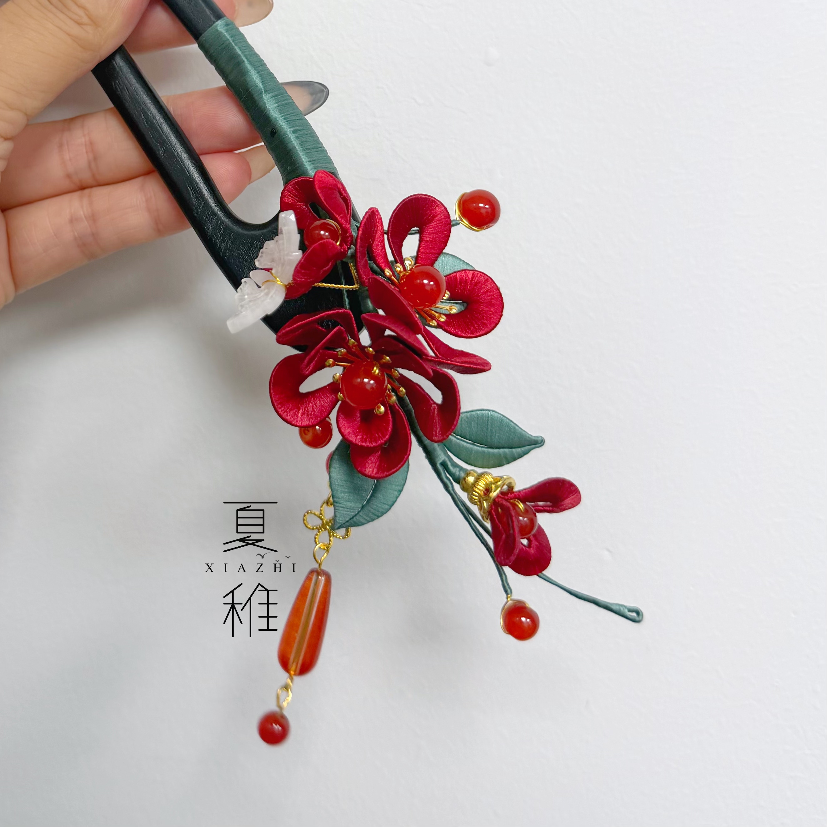 缠花红色u型发簪新年红发饰新娘结婚头饰配饰马面裙古风百搭送礼