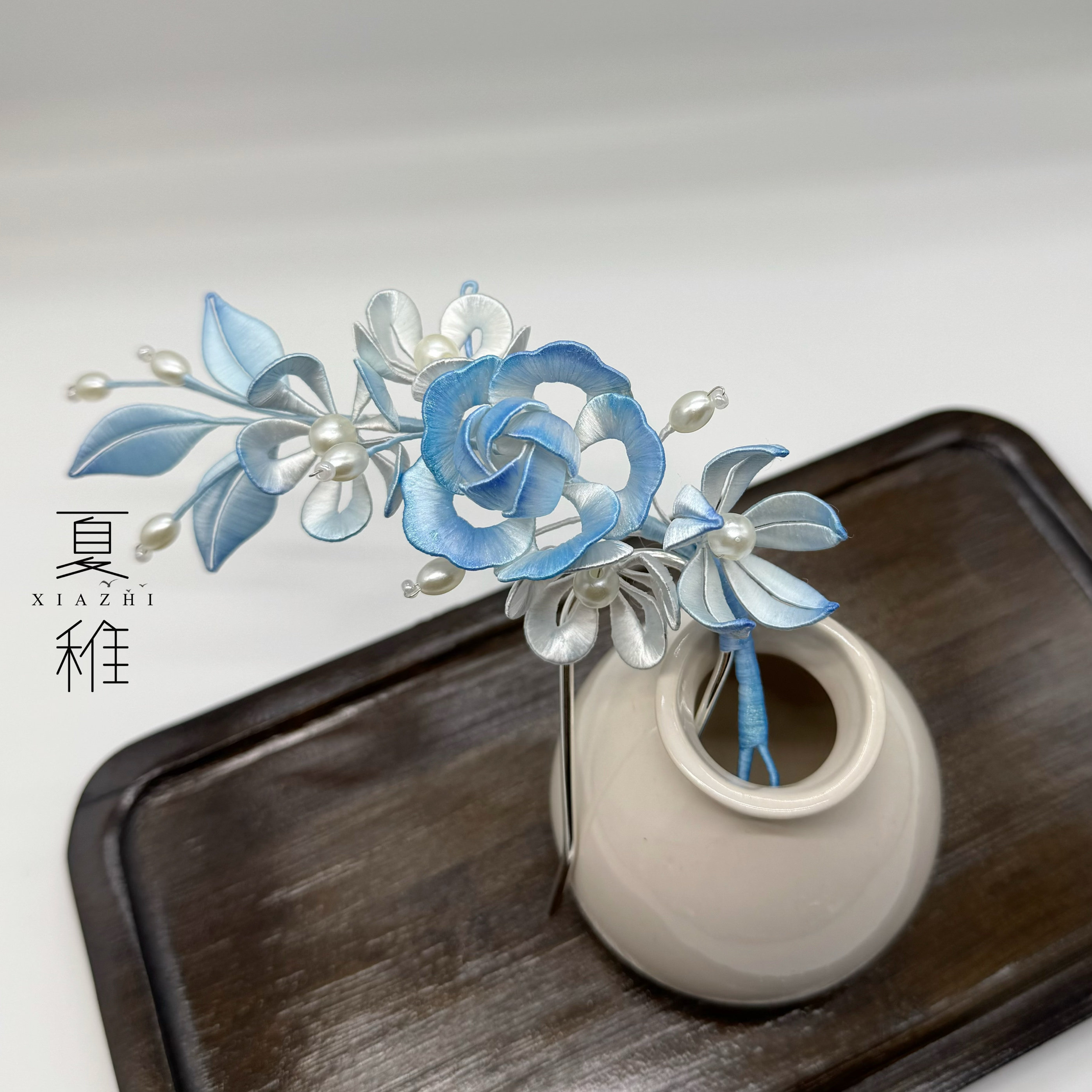 原创非遗缠花发梳蓝色系日常盘发发钗国风发簪百搭古风汉服配饰