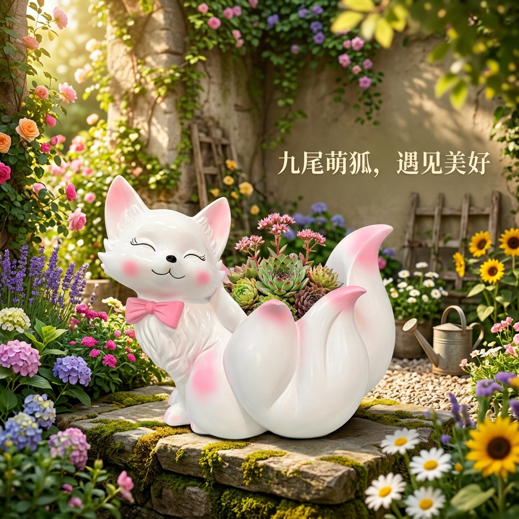 户外狐狸花盆绿植盆栽花园庭院布置院子草坪装饰动物造型花缸摆件