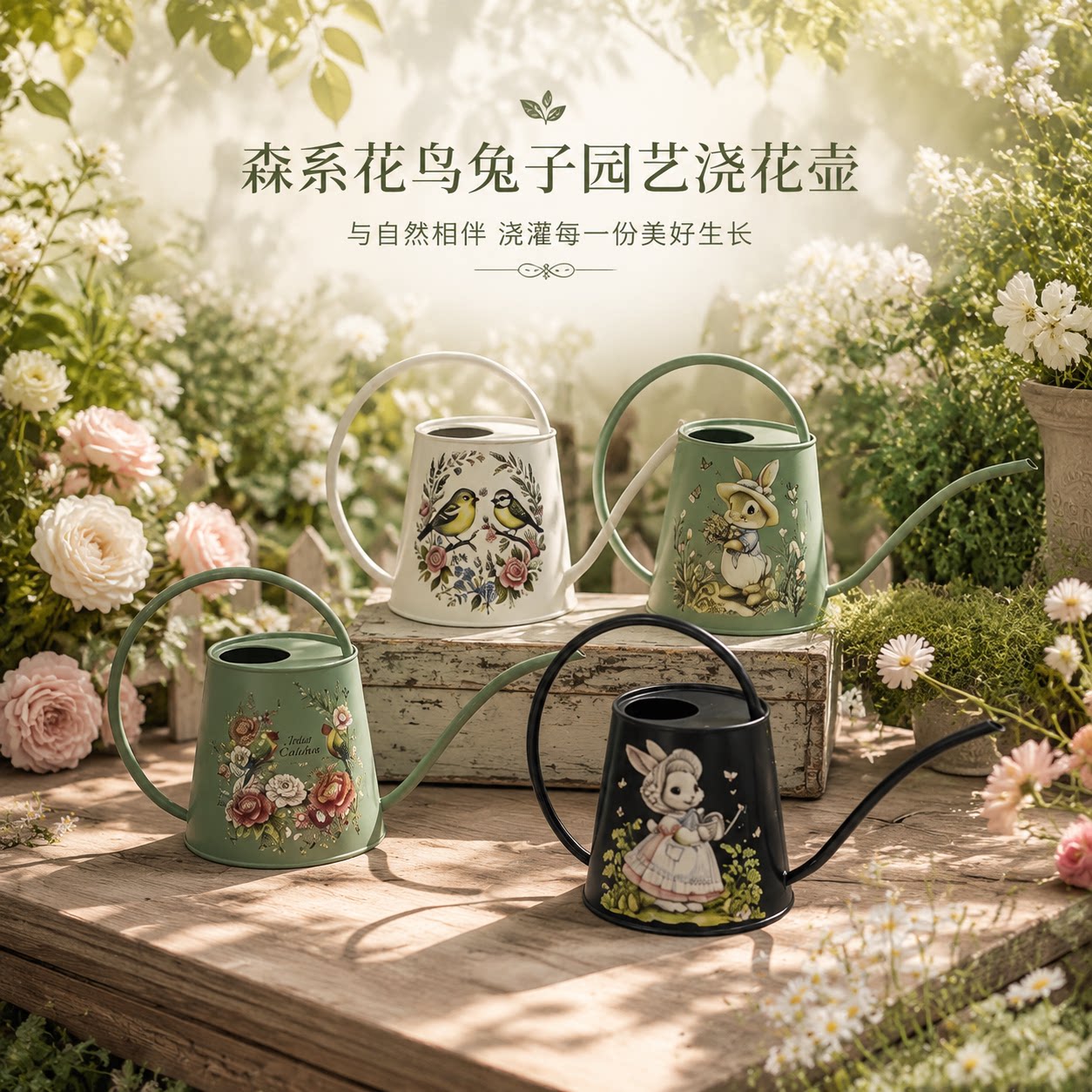 森系田园兔子小鸟防水耐晒浇花壶