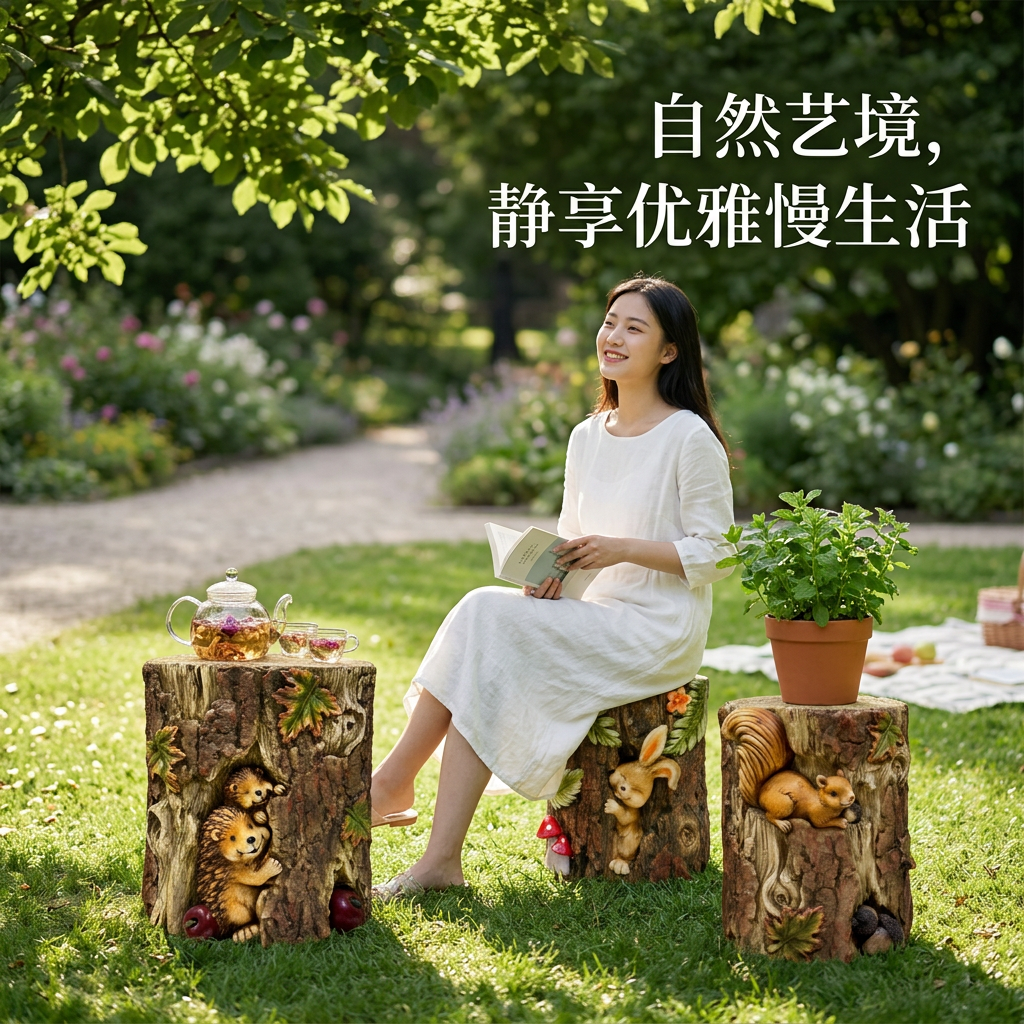 卡通树桩凳花园两用坐凳花盆底托防脏户外庭院装饰摆件