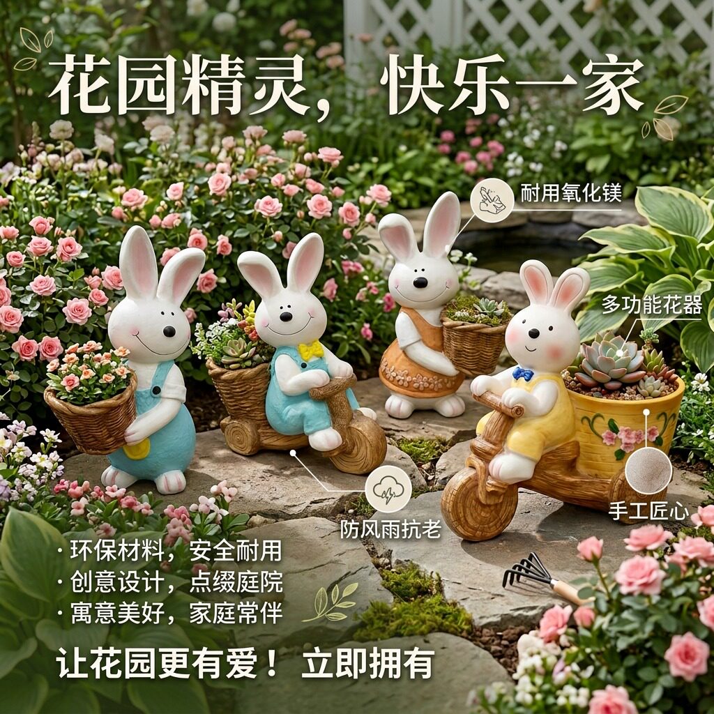 花园庭院田园风花盆系列氧化镁树脂多功能可爱造型装饰花盆摆件