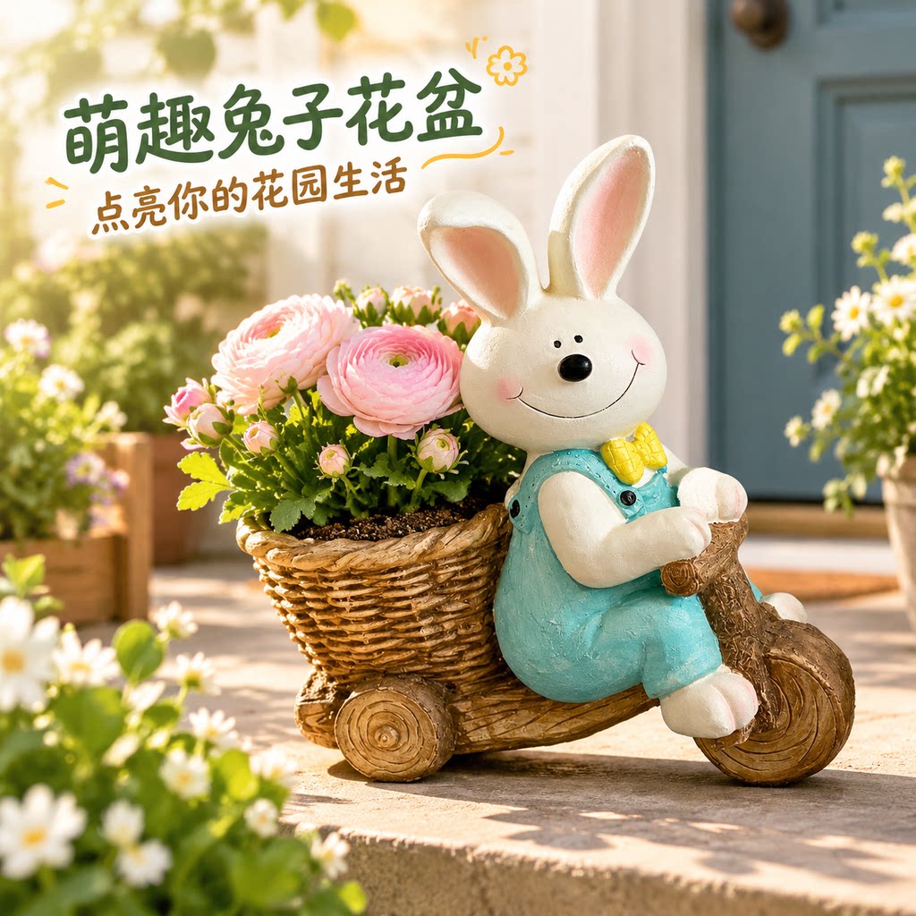 户外花盆网红高档卡通萌兔三轮车造型花盆花园庭院阳台装饰花盆