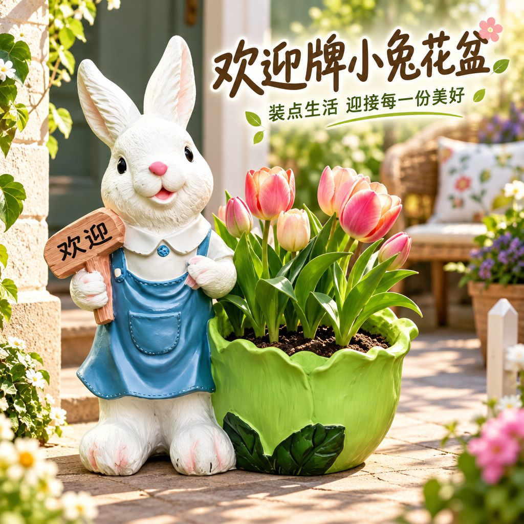庭院花盆欢迎牌小兔造型防水耐晒花园阳台民宿庭院造景装饰花盆