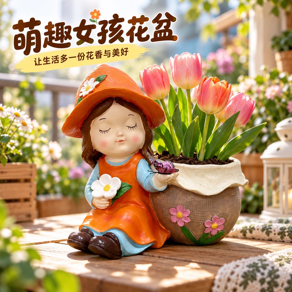 庭院花盆卡通可爱女孩造型防水花盆阳台别墅庭院绿植园艺种植花盆