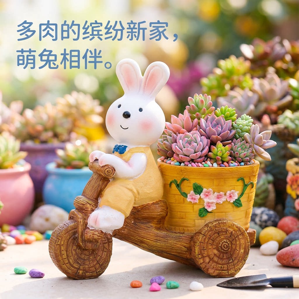 可爱兔子骑车花盆桌面书桌盆栽迷你多肉绿植盆儿童房玄关装饰摆件