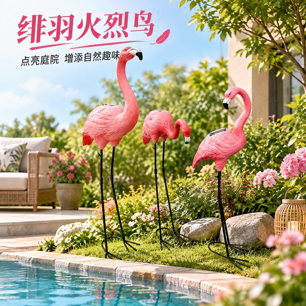 太阳能发光火烈鸟落地泳池边摆件图片