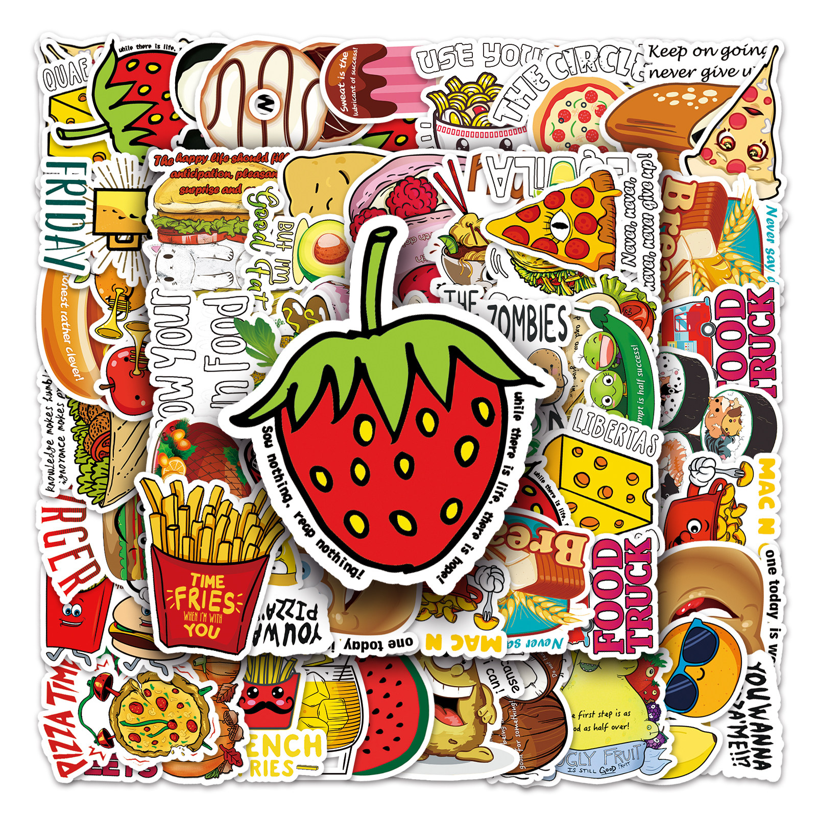 50张藤蔓系美食卡通贴画老师教具口语便利贴防水装饰文具手机贴纸