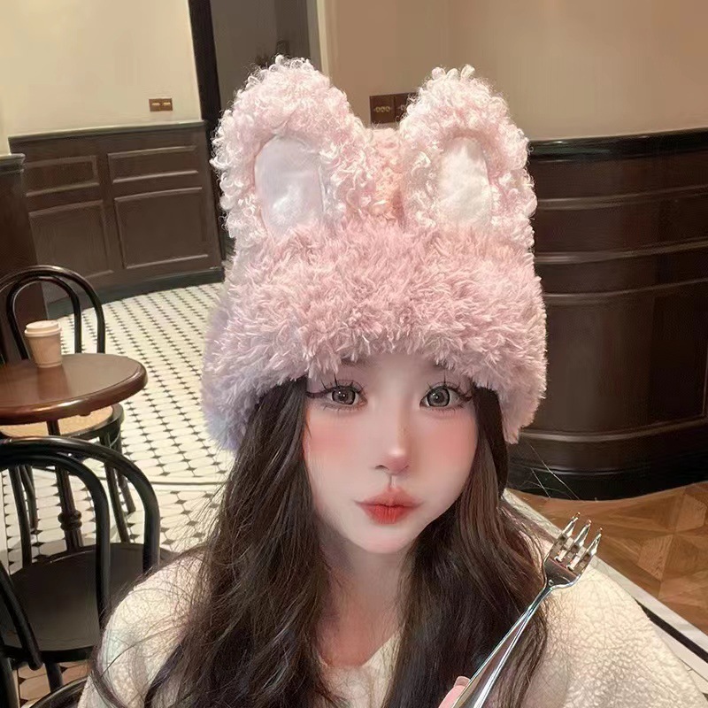 韩国可爱毛绒兔耳朵帽子女秋冬保