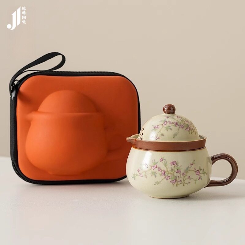 汝窑紫藤花祥福旅行茶具套装户外便携式快客杯车载旅游泡茶器套组