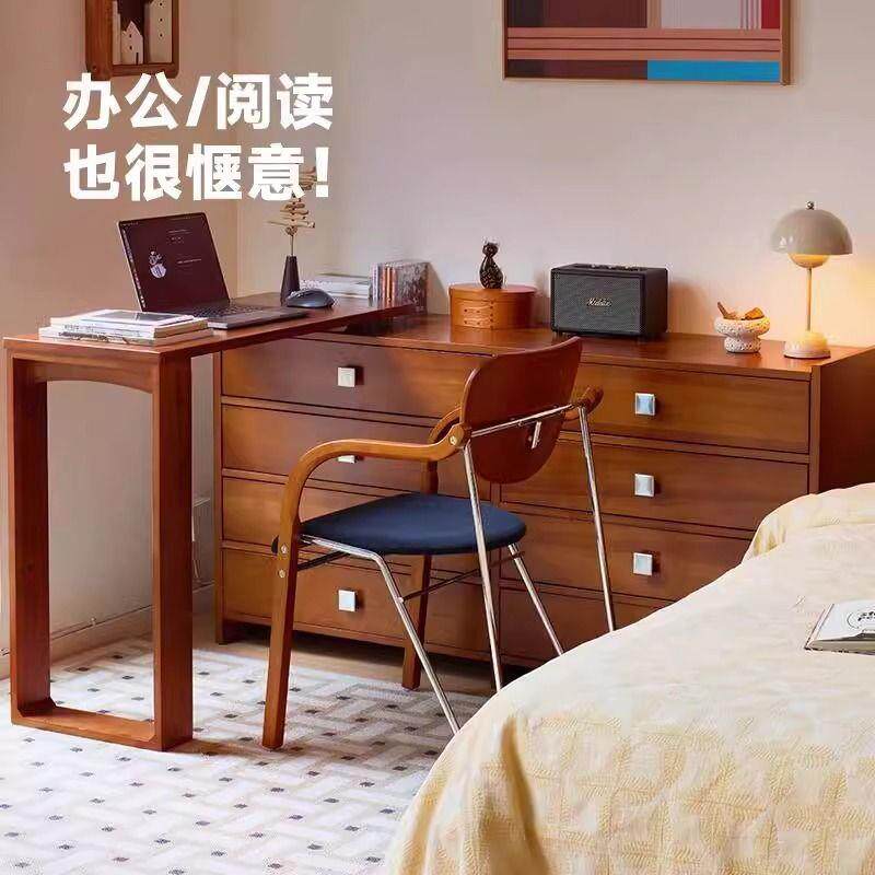复古实木梳妆台斗柜一体卧室小户型中古置物柜转角化妆桌新款设计