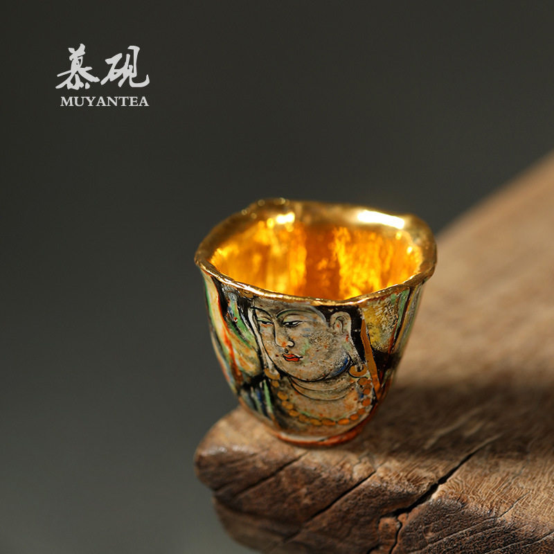 慕砚柴烧手绘敦煌茶杯 禾泥手作岩矿志野鎏24k金杯陶瓷品茗主人杯