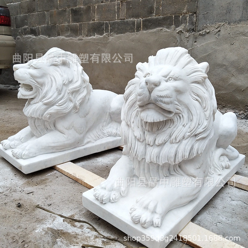 欧式石雕狮子蹲式晚霞红青石汉白玉天然石材趴狮门口摆件装饰一对
