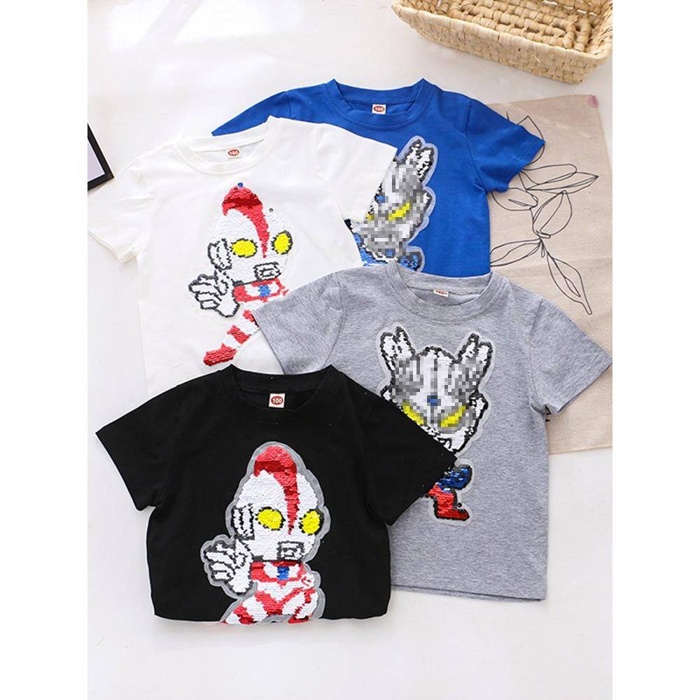 男童T恤夏季奥特卡通变色亮片纯棉吸汗男孩漫画超人短袖上衣童装