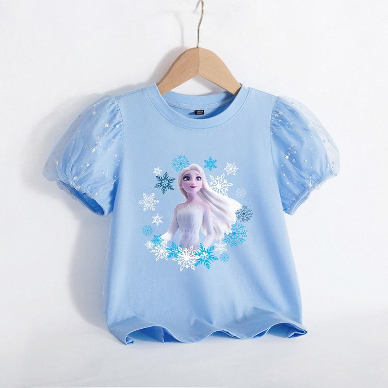 艾莎t恤夏装女纯棉2024新款冰雪奇缘爱莎公主中小童半袖打底上衣T