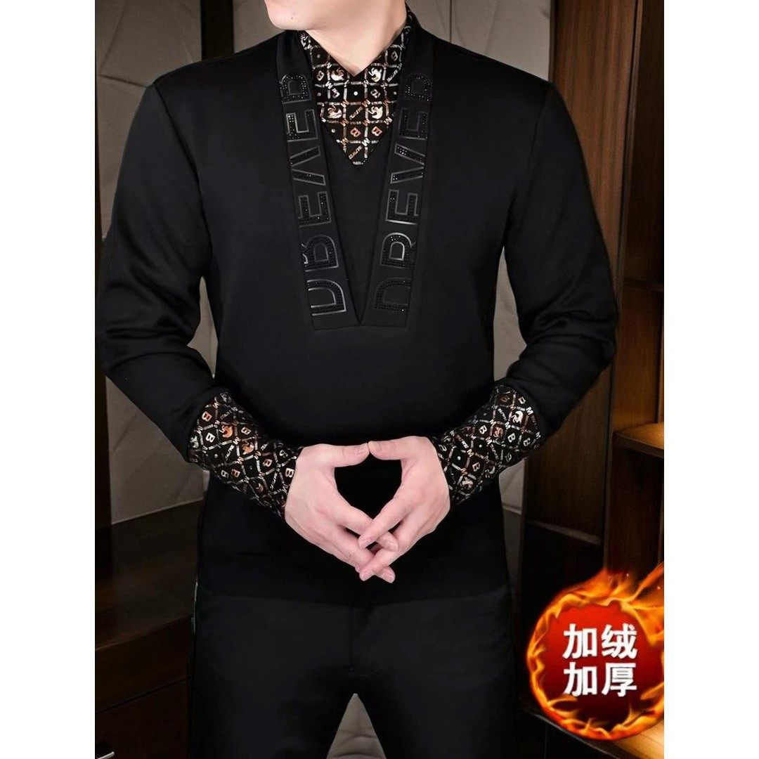 男士假两件长袖卫衣套头加绒加厚