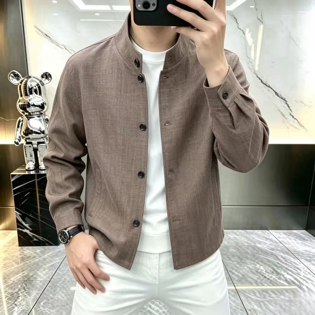 男士春秋新中式立领麻工装夹克