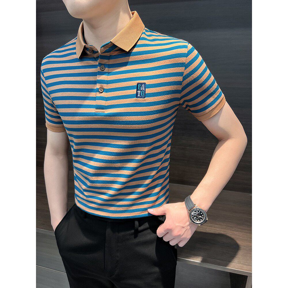 条纹短袖POLO衫男士夏季薄款高级感男装2026新款冰丝刺绣T恤男款