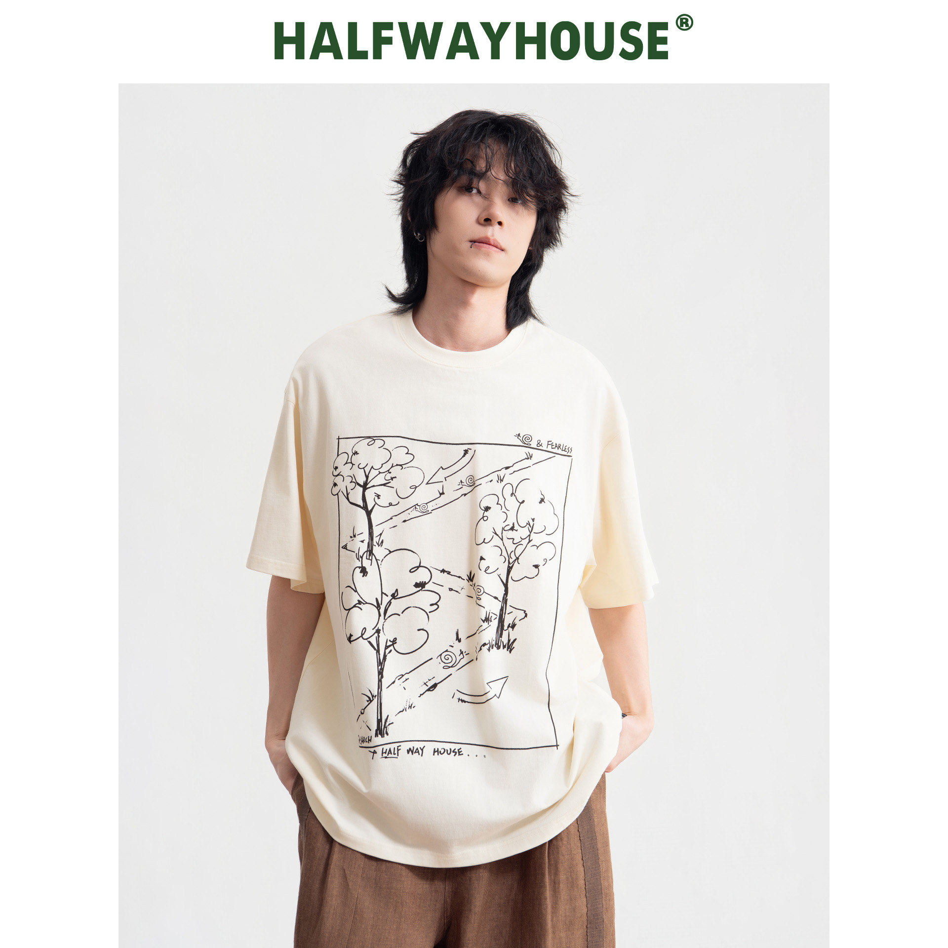 【重磅纯棉260g】HalfwayHouse夏季新款硬挺廓形印花短袖趣味T恤
