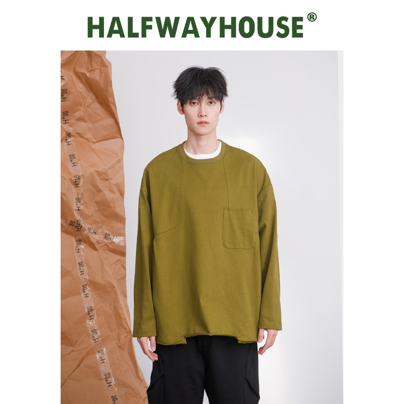 HalfwayHouse秋季设计日系拼接落肩简约长袖T恤宽松下摆上衣男