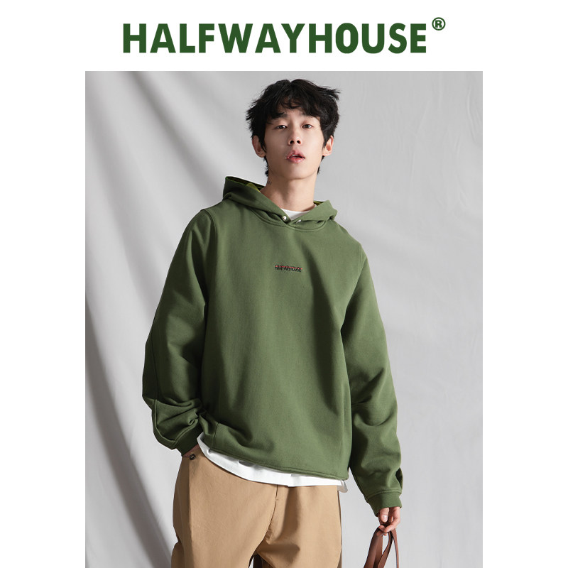 halfwayhouse日系秋季款休闲连帽卫衣重磅情侣简约质感上衣潮牌