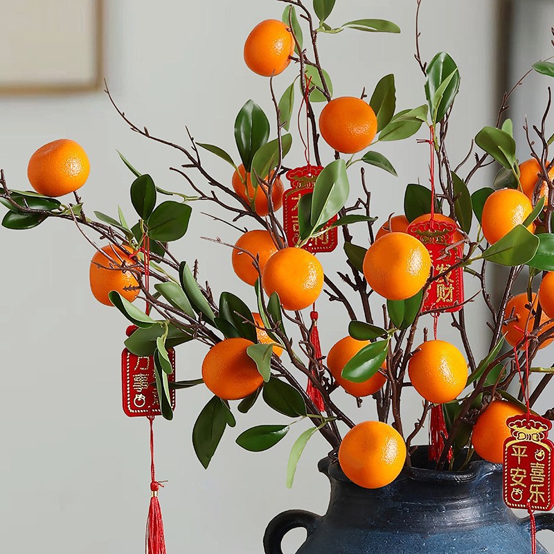 仿真橘子水果高枝枝叶桔子石榴客厅餐桌面摆件干枝假花束软装装饰