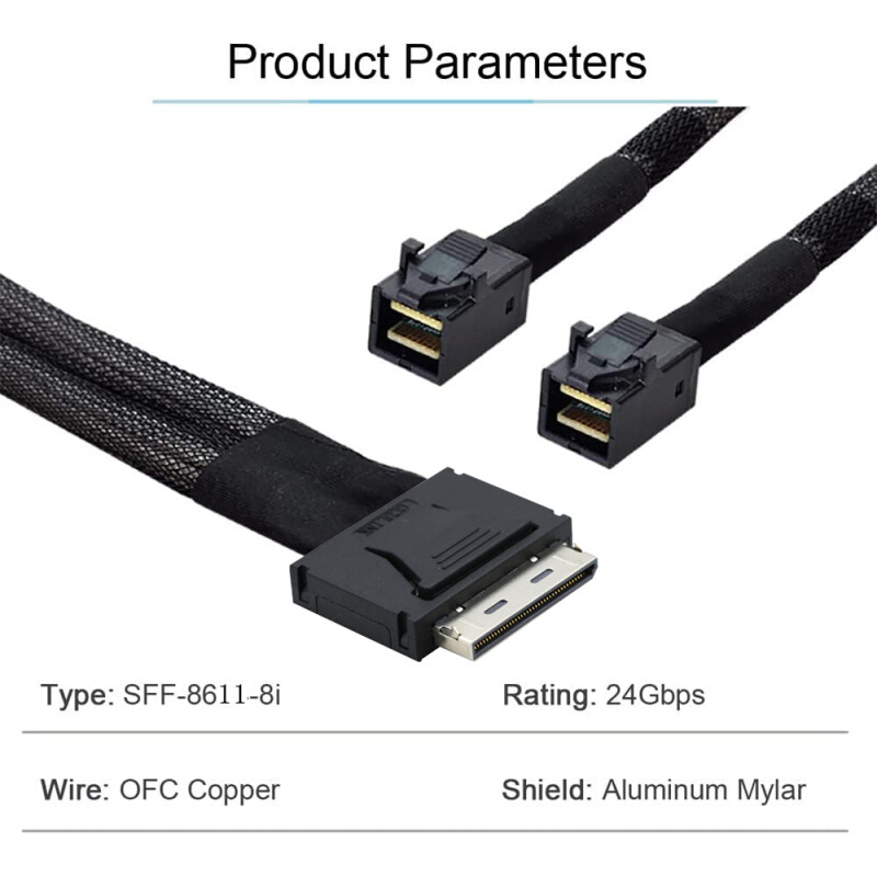Oculink PCIe SFF-8611 8I转两个8I SAS SFF-8643服务器高速线束