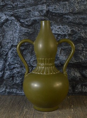 仿古瓷器 复古做旧清乾隆风格 茶叶末釉双耳葫P芦瓶 古董古玩摆件