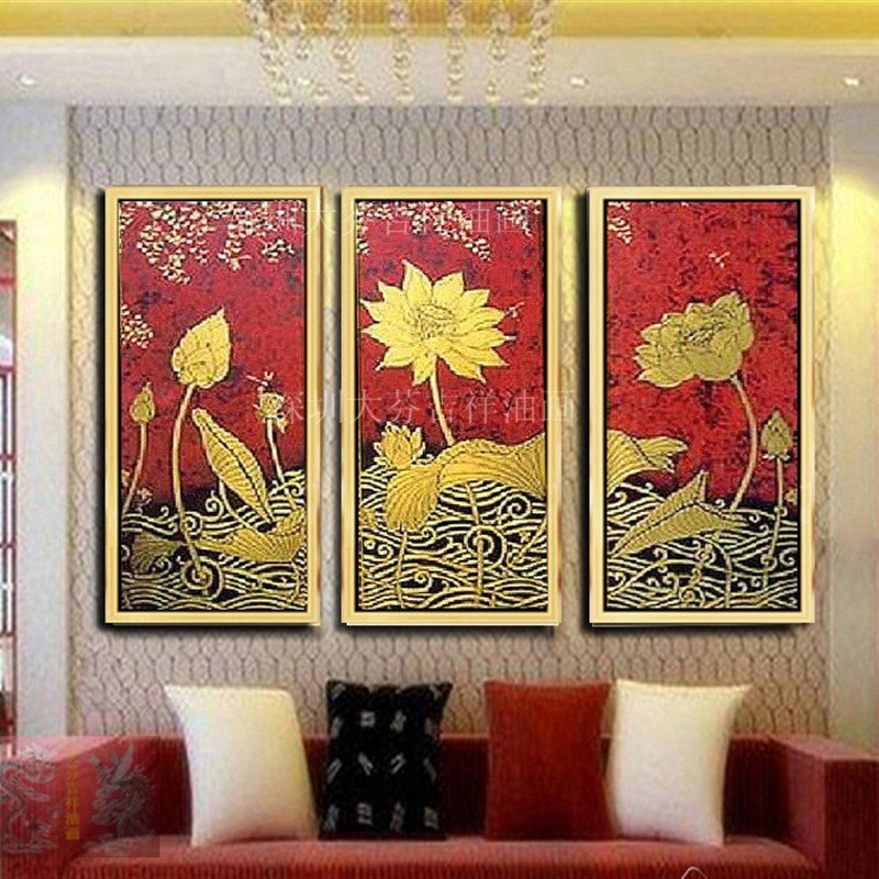 手绘东南亚奢华装饰画有框画酒店会所别墅壁画金色Y红底荷花挂画图片