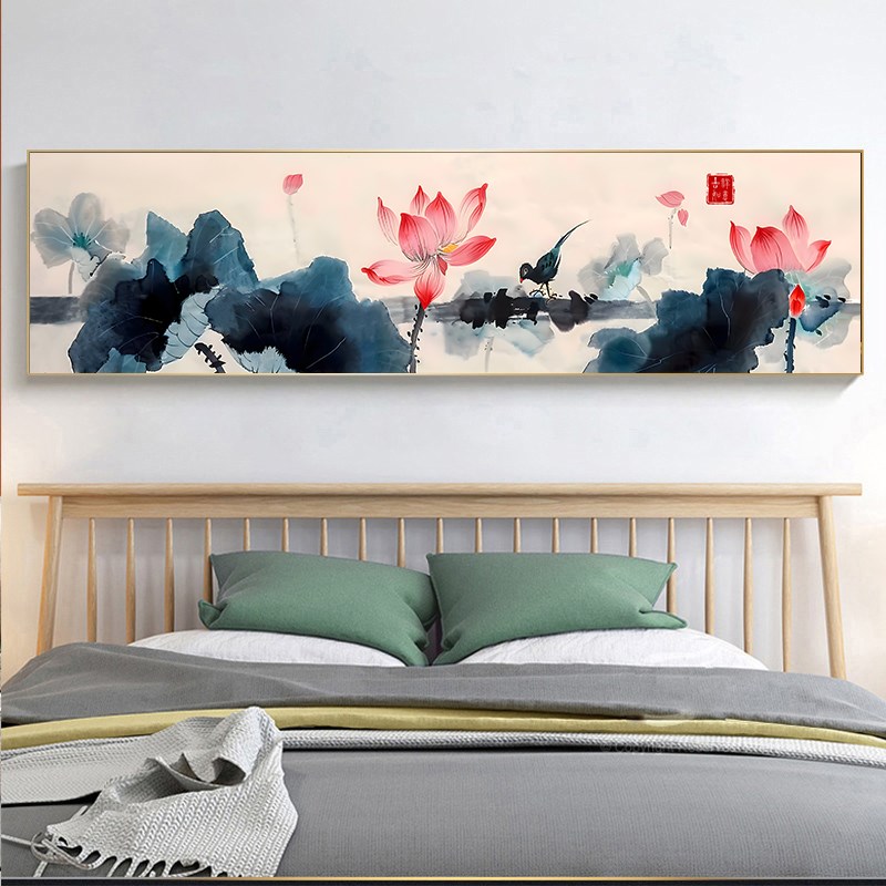 新中式卧室床f头挂画客厅沙发背景墙装饰画酒店房间茶室荷花水墨图片