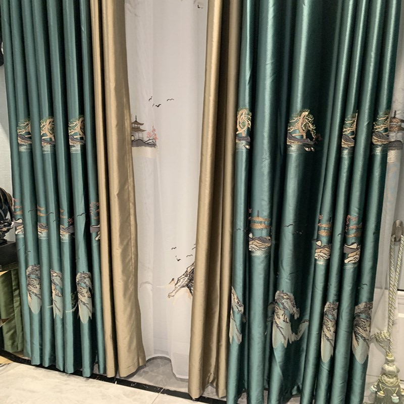 东方山水绣仿丝绸窗帘客t厅仿古复古中国风卧室禅堂遮光窗帘