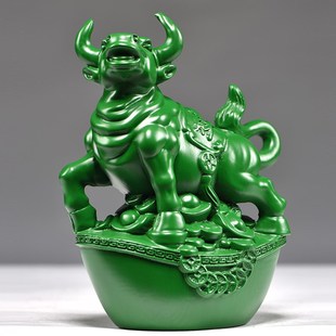 绿色木雕刻牛摆件三合十二u生肖木牛工艺品家居客厅属牛装饰品送