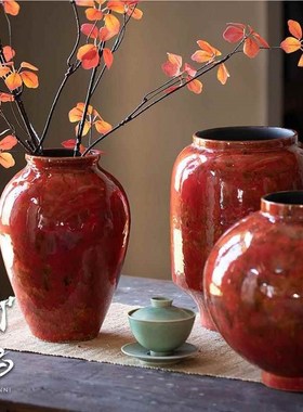 景德镇新PBX中式瓶可水培件养花国潮国红L霁红色中插花摆鲜花瓶陶