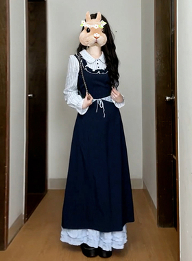 假两件法式吊带连衣裙子女春秋2025新款长袖气质收腰显瘦长裙夏季
